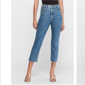 super high waisted raw hem straight cropped jeans